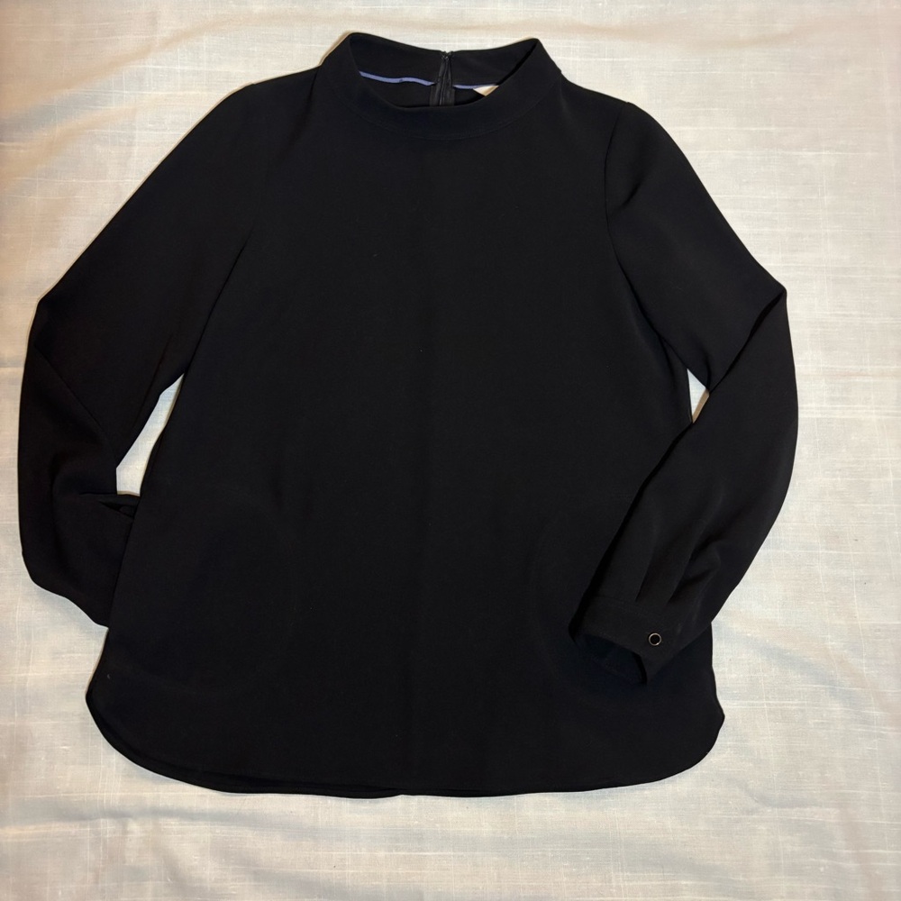 Boden Women's Black Blouse Mock Neck Long Sleeves Half-Zip Closure at the Back